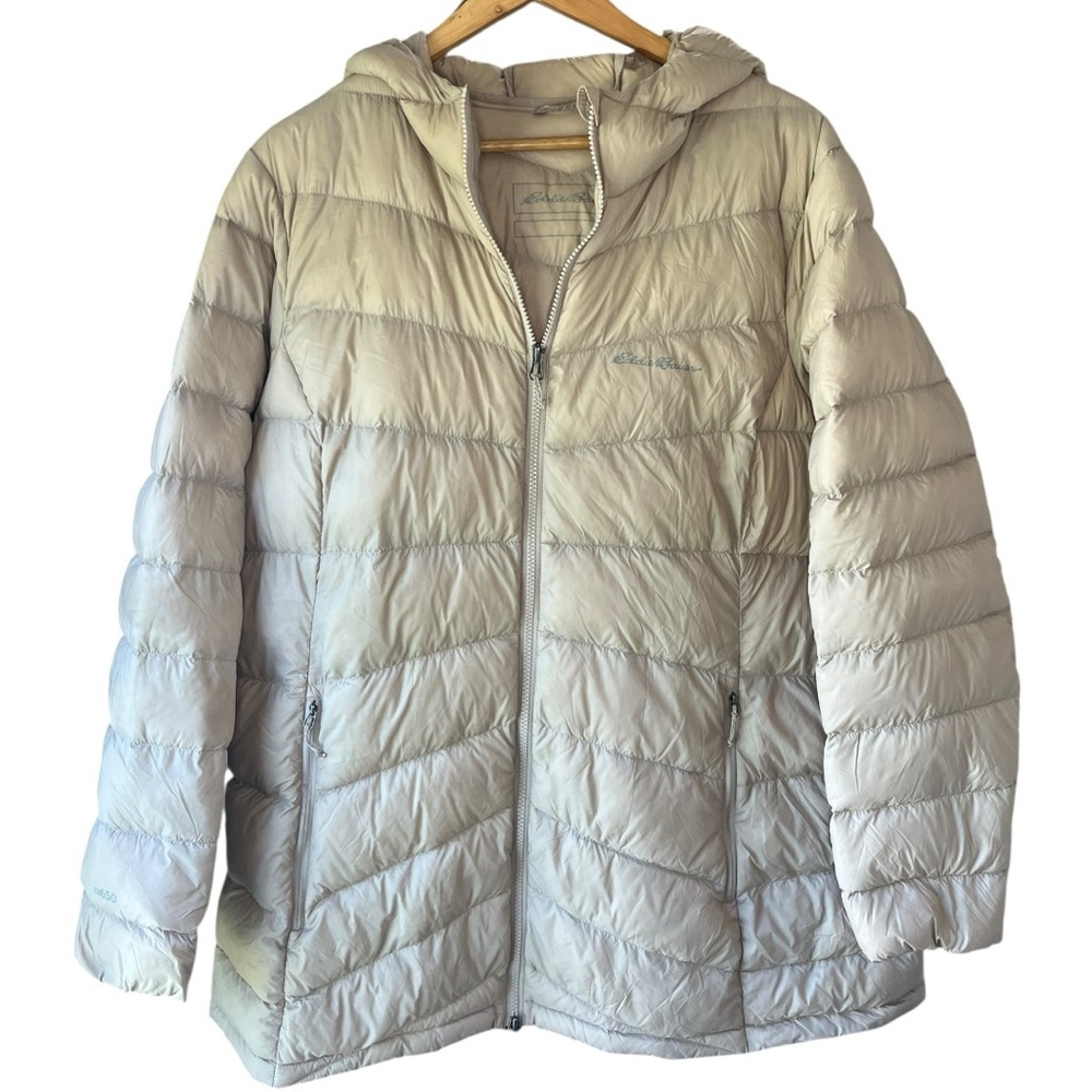 Eddie Bauer Hooded Chevron Down Parka Jacket XXL Tan Warm Winter Coat